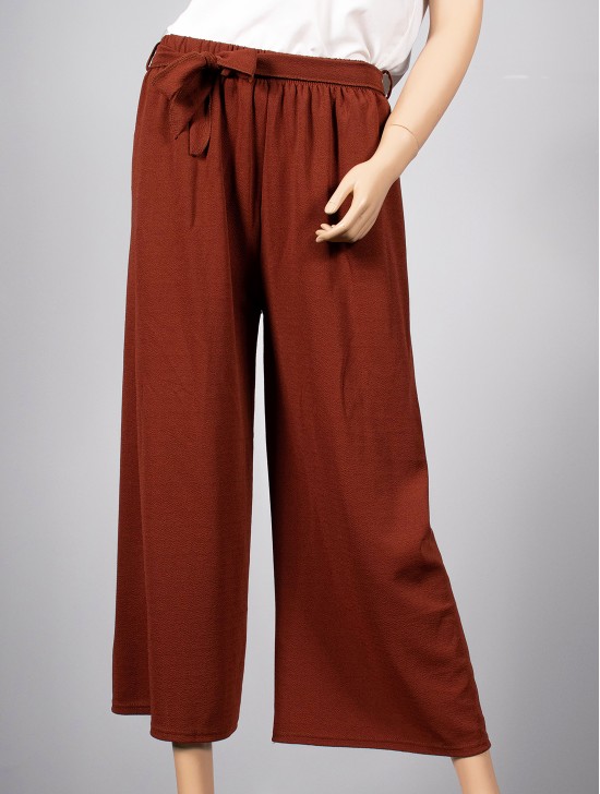 Solid Color Wide-Leg Cropped  Pants W/ Tie Belt